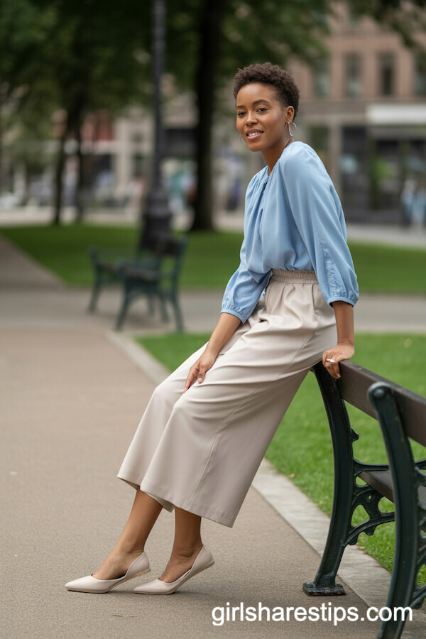Beige Culottes and Sky Blue Relaxed Blouse Park Outfit