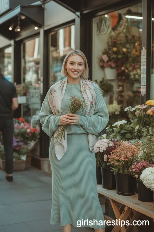 Sage Green Knit Set with Floral Scarf and Midi Skirt