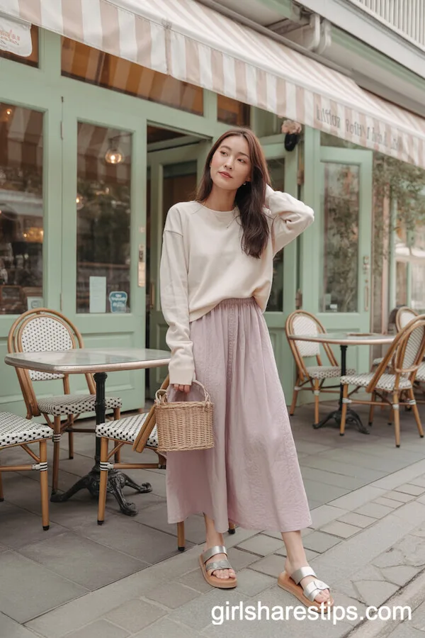 Pastel Maxi Skirt with Linen Sweater Ensemble