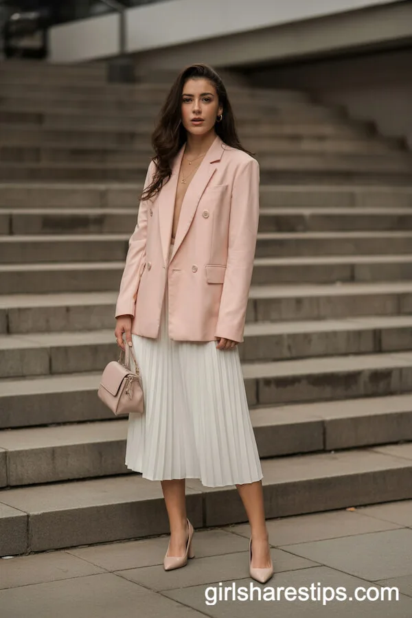 Pastel Blazer and Pleated Midi Skirt Urban Outfit