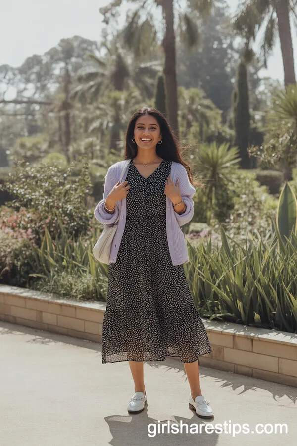 Polka Dot Midi Dress with Pastel Cardigan