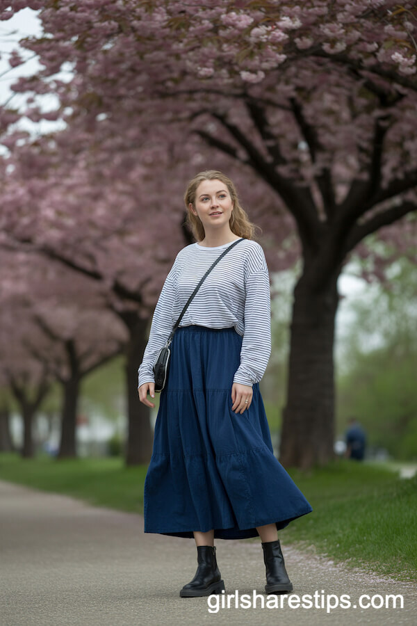 Navy Maxi Skirt with Striped Top and Ankle Boots