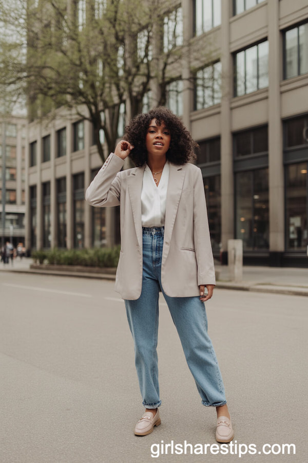 Light Beige Blazer with White Blouse and High-Waisted Jeans