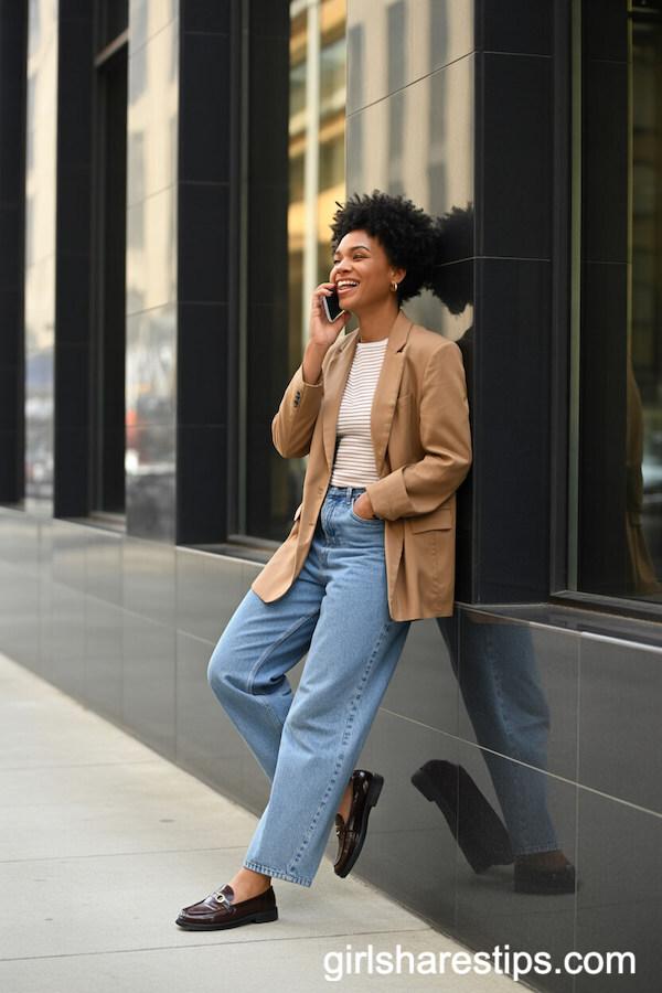 Light Brown Relaxed Blazer with Striped Tee and Straight-Leg Jeans