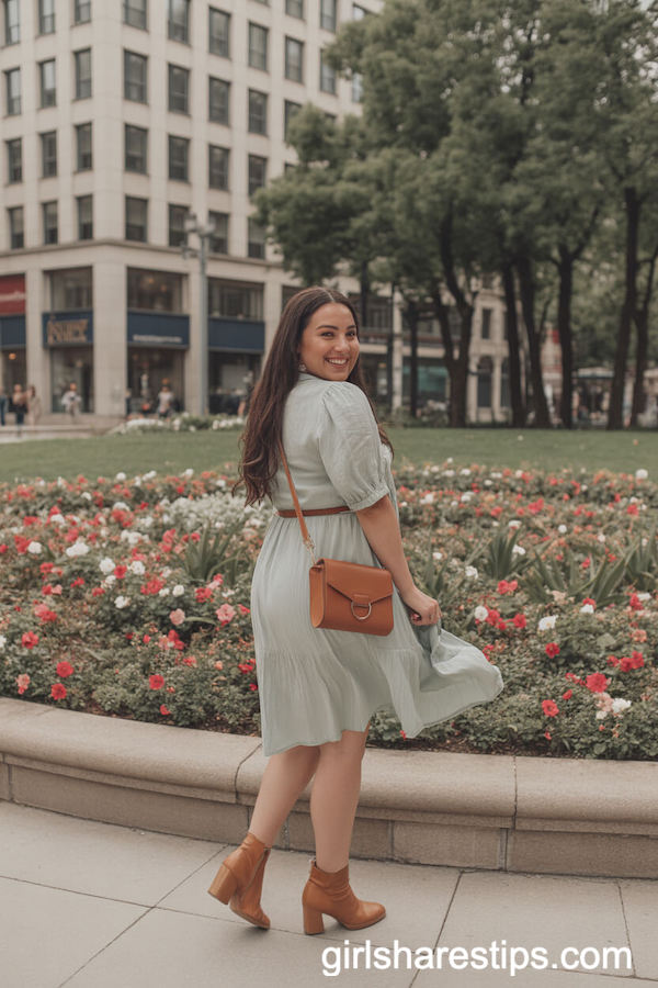 Pastel Green Wrap Dress with Tan Ankle Boots