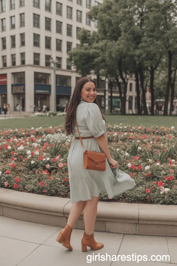 Pastel Green Wrap Dress with Tan Ankle Boots
