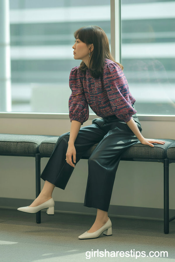 Vibrant Patterned Blouse with Tailored Cropped Trousers