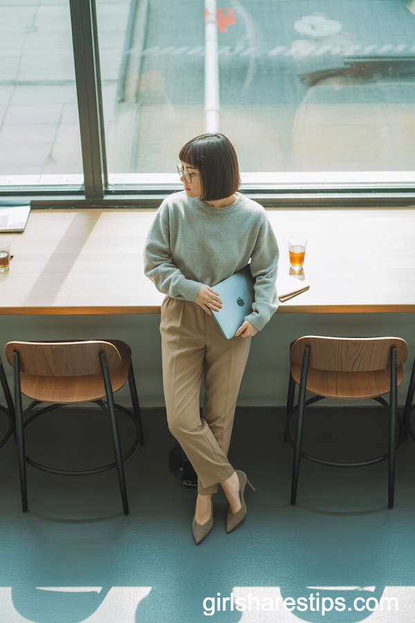 Light Grey Cashmere Sweater with Slim Tan Trousers
