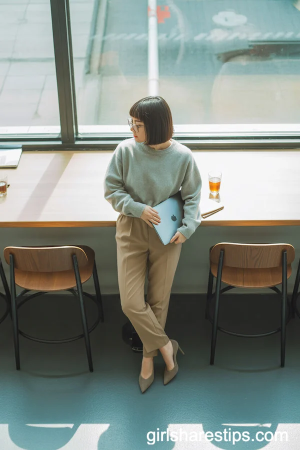 Light Grey Cashmere Sweater with Slim Tan Trousers