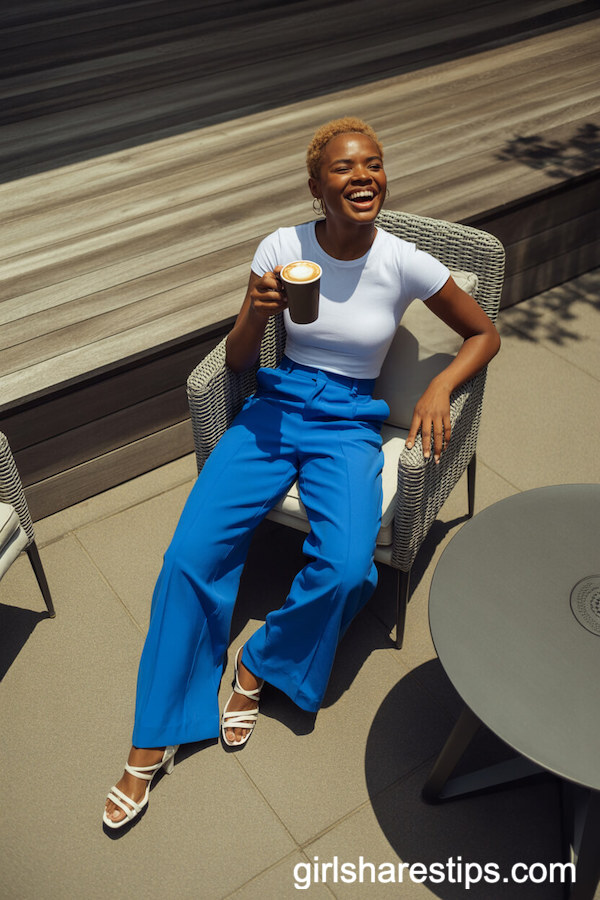Bold Blue High-Waisted Trousers with Fitted White Tee