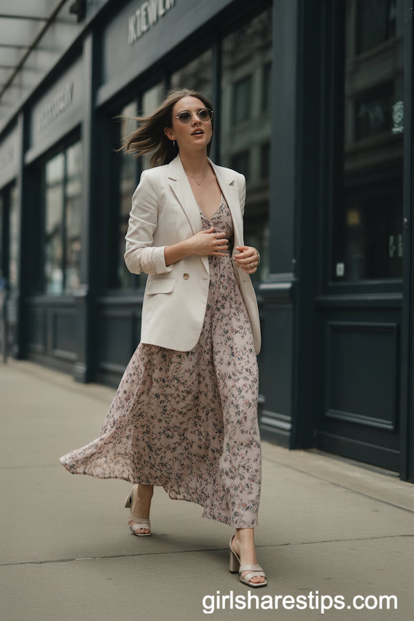 Flowy Floral Maxi Dress with Tailored Cream Blazer