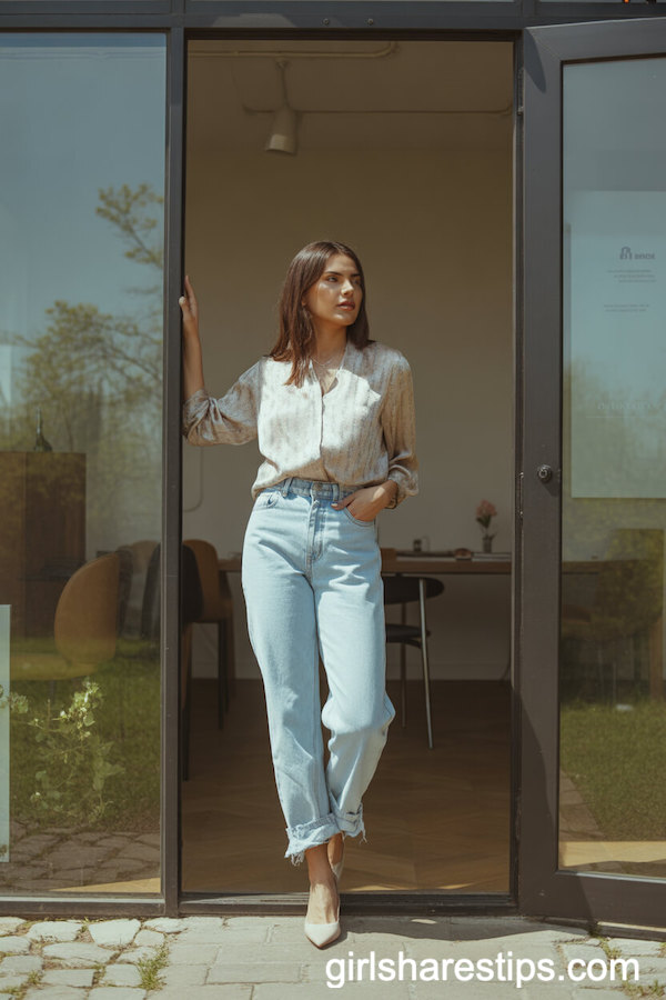 Subtle Print Blouse with High-Waisted Light-Wash Jeans