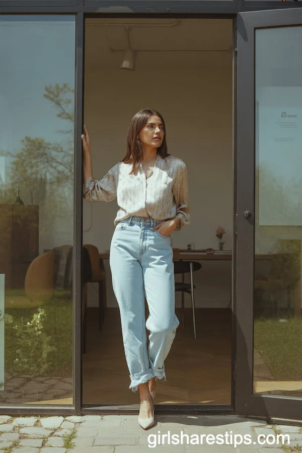 Subtle Print Blouse with High-Waisted Light-Wash Jeans