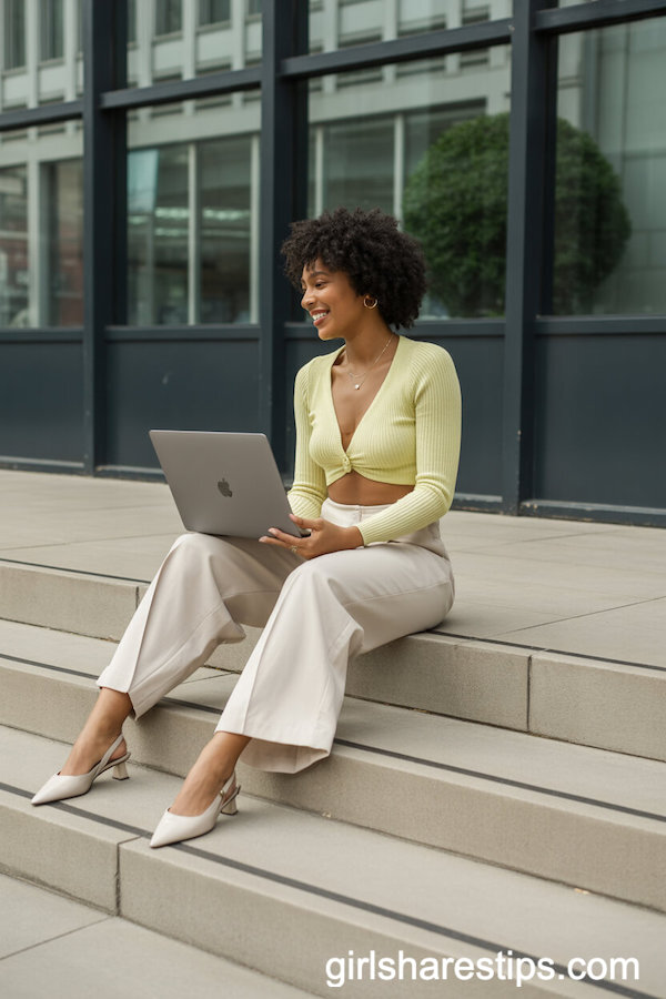 Pale Yellow Cropped Cardigan with Ivory Wide-Leg Trousers