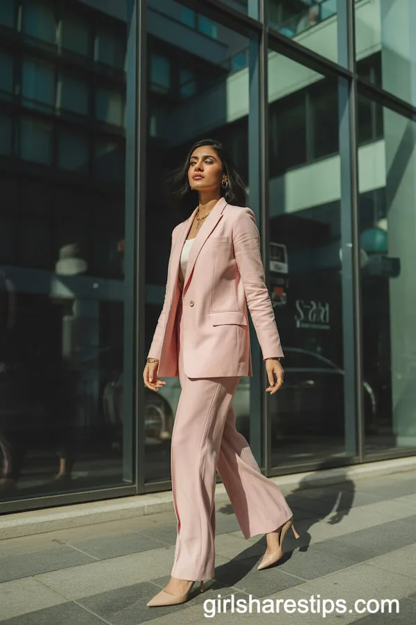 Pastel Pink Tailored Suit with Wide-Legged Pants