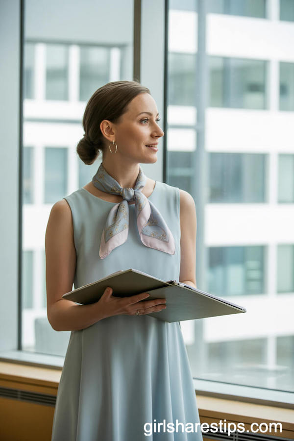 Light Blue Shift Dress and Airy Silk Scarf Ensemble