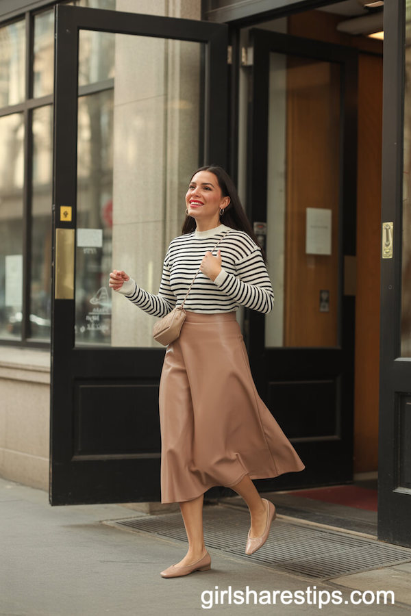 Fitted Striped Knit Sweater with Solid Midi Skirt