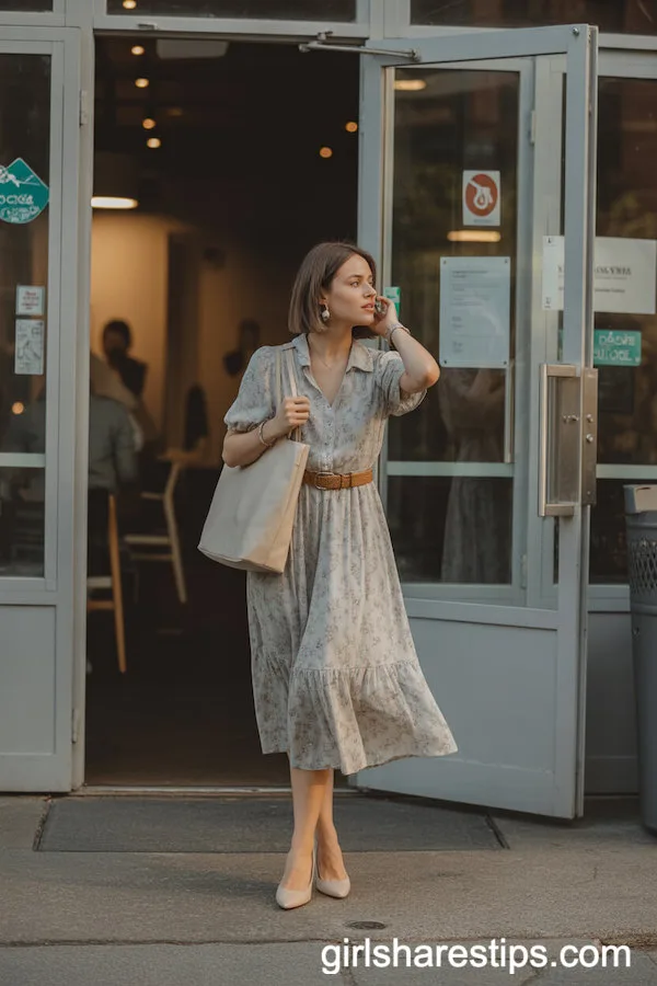 Flowy Floral Midi Dress Paired with Neutral Accessories