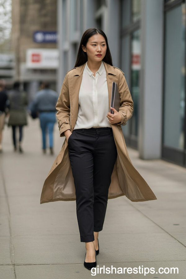 Tan Trench Coat over Ivory Blouse and Black Slim-Fit Trousers