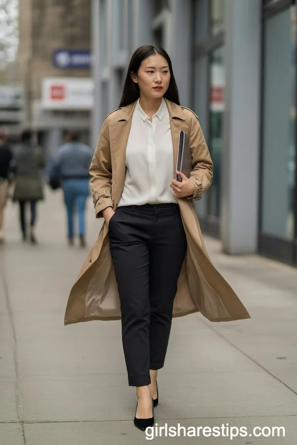 Tan Trench Coat over Ivory Blouse and Black Slim-Fit Trousers