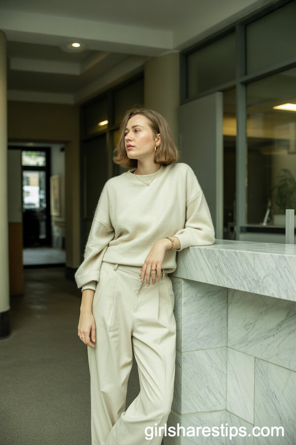 Monochromatic Cream Outfit: Wide-Leg Trousers and Soft Sweater