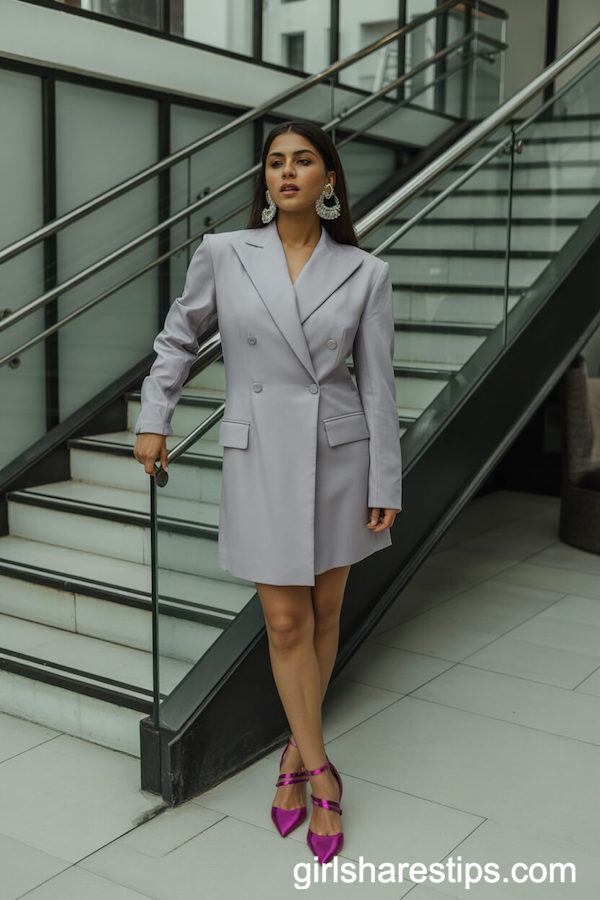 Light Grey Blazer Dress Styled with Bold Fuchsia Heels