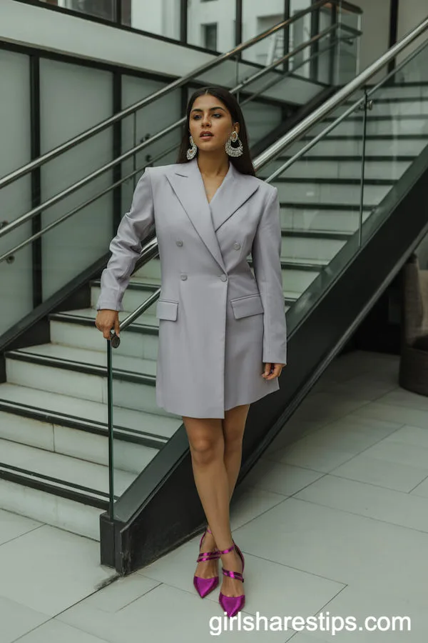 Light Grey Blazer Dress Styled with Bold Fuchsia Heels