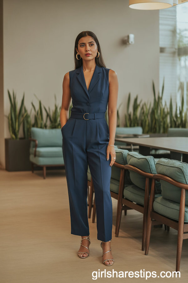 Tailored Sleeveless Navy Jumpsuit with Gold Accessories
