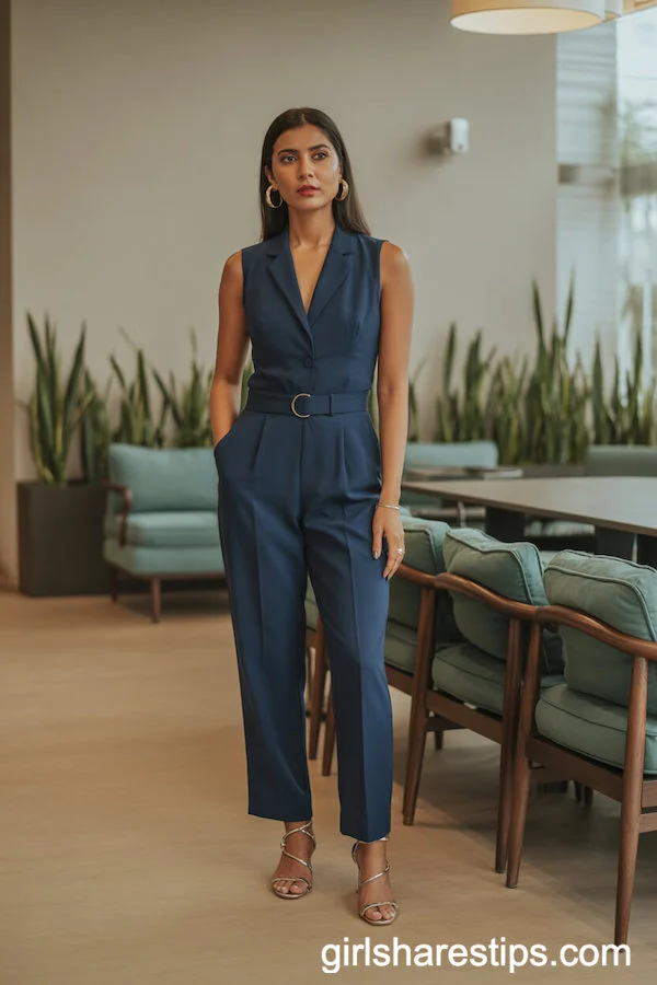 Tailored Sleeveless Navy Jumpsuit with Gold Accessories