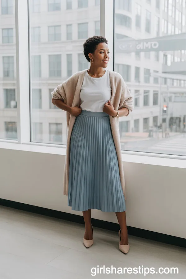 Pastel Blue Pleated Midi Skirt with White Tee and Beige Cardigan