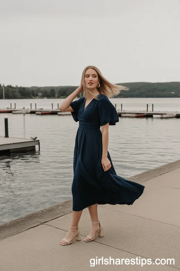 Navy Flutter Sleeve Midi Dress by the Lake