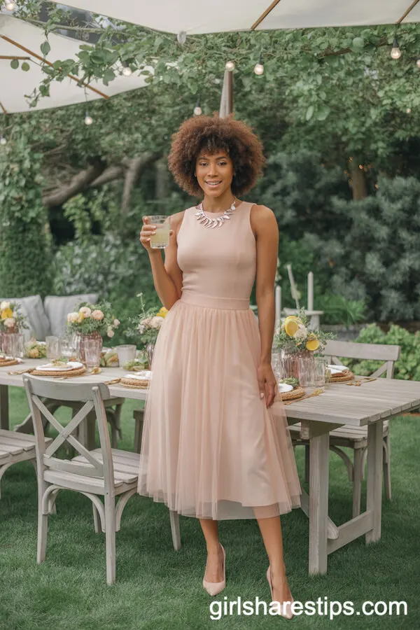 Peach Top and Blush Tulle Midi Skirt Garden Party Outfit