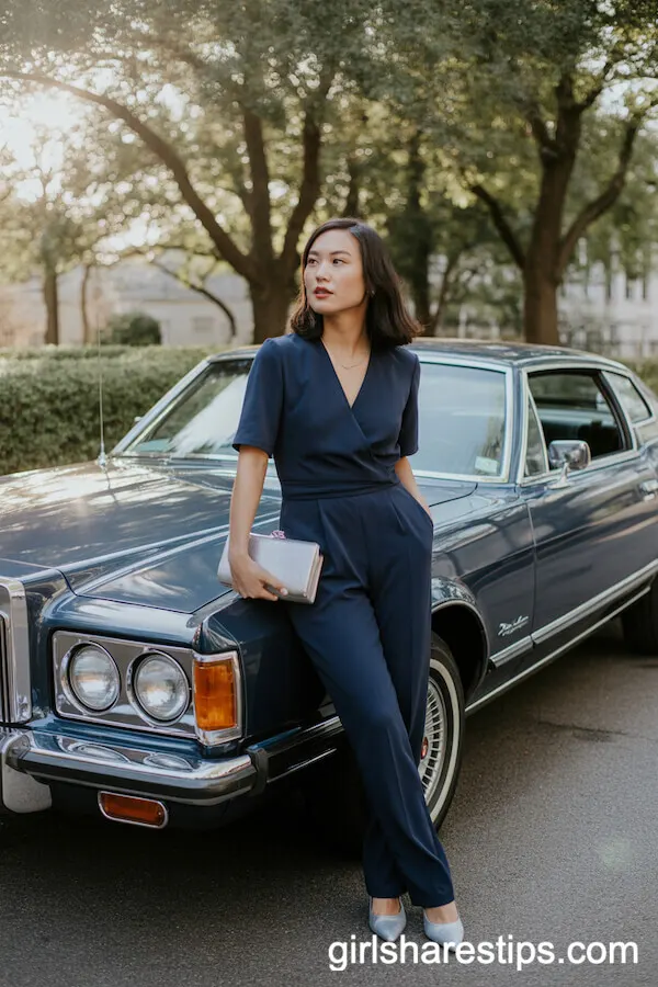 Navy Wrap Jumpsuit with Silver Clutch and Classic Car