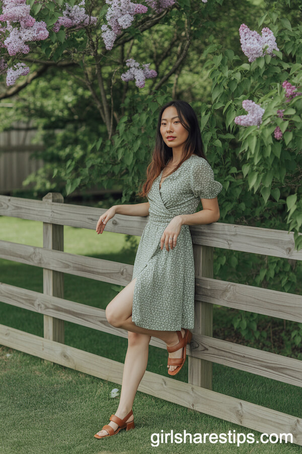 Green Floral Wrap Dress with Leather Sandals