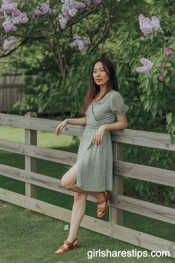 Green Floral Wrap Dress with Leather Sandals