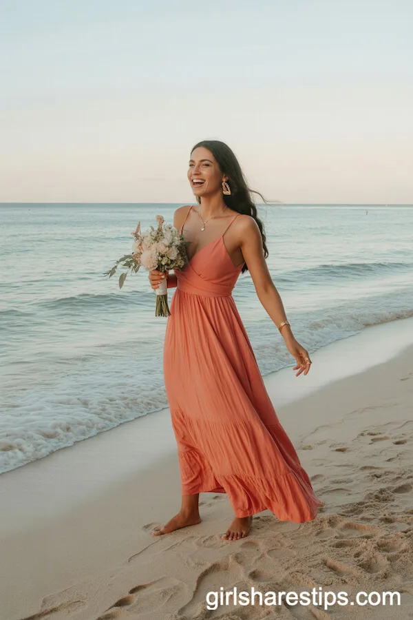 Coral Maxi Dress with Gold Accessories for Beachside Wedding