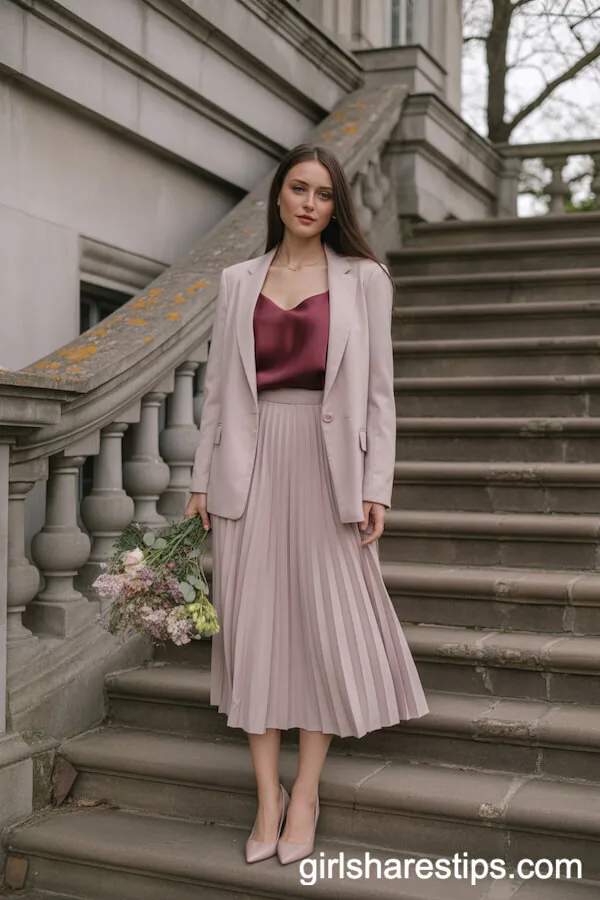 Blush Tailored Blazer with Pleated Skirt