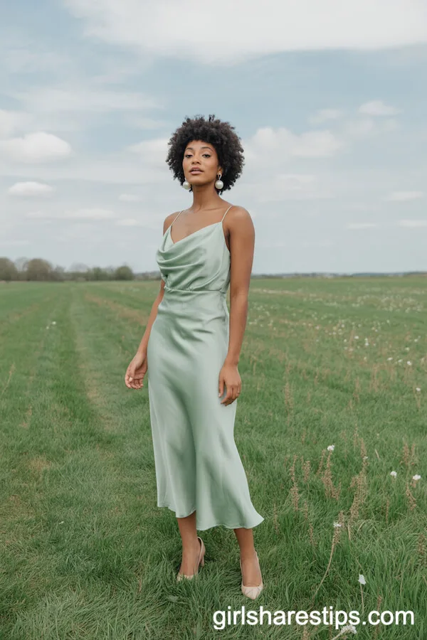 Mint Green Satin Dress in a Wildflower Field