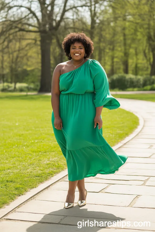 Emerald One-Shoulder Midi Dress for Spring Park Weddings