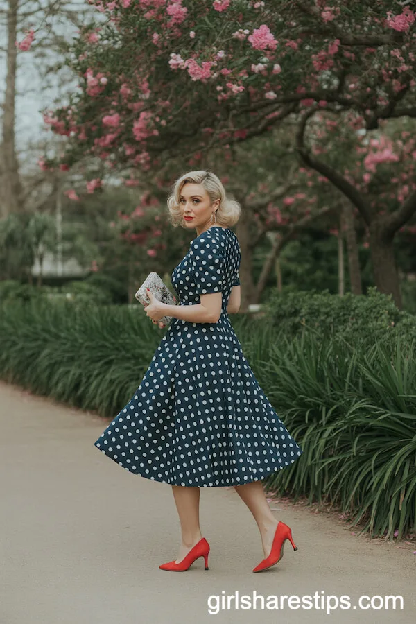 Navy Polka Dot Tea-Length Dress with Red Heels