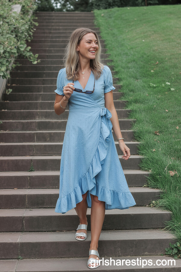 Light Blue Ruffled Wrap Dress Spring Garden Style