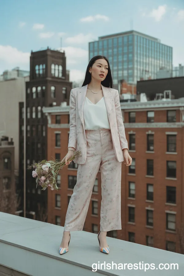 Pastel Floral Pantsuit with White Cami for City Weddings
