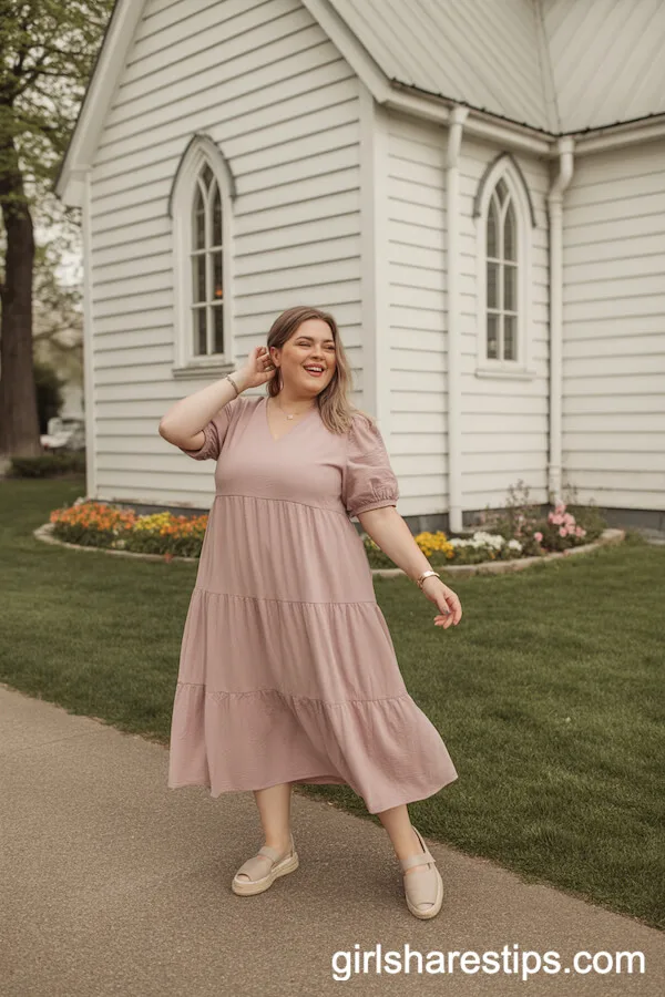 Soft Pink Tiered Midi Dress Plus-Size Outfit