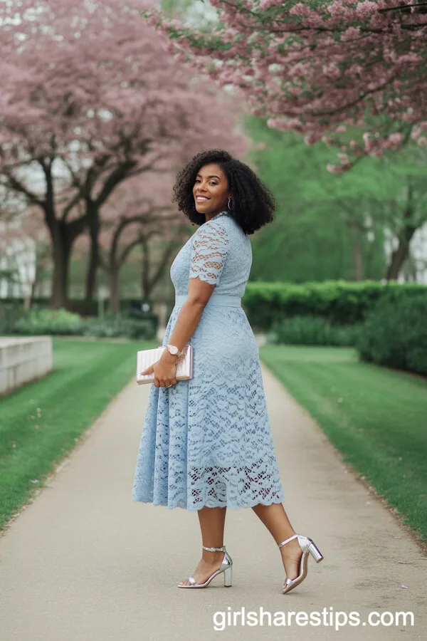 Light Blue Lace Midi Dress with Garden Clutch