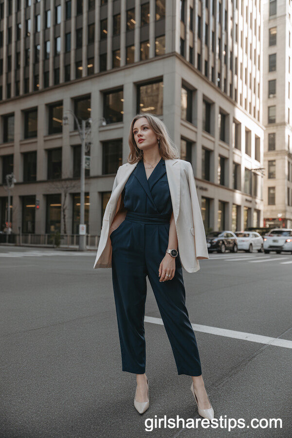 Tailored Navy Jumpsuit and Blazer for a Sleek Professional Outfit
