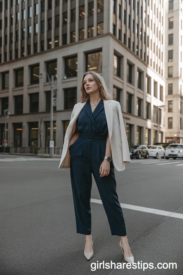 Tailored Navy Jumpsuit and Blazer for a Sleek Professional Outfit
