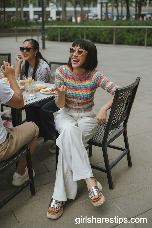 Striped Knit Top White Wide-Leg Pants