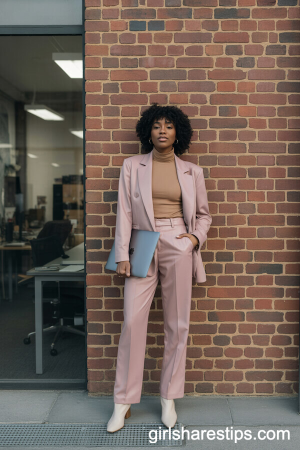 Soft Pink Suit with Turtleneck for Modern Workspace Sophistication