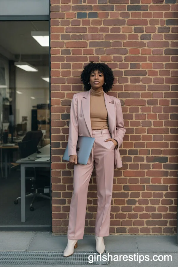 Soft Pink Suit with Turtleneck for Modern Workspace Sophistication