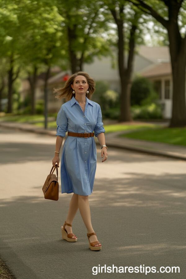 Belted Shirt Dress and Wedges for Suburban Spring Outings